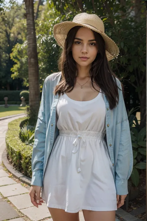 1girl in, 30 years old, Square face, Long hair, Looking at viewer, jewelry, Reality, Sexy, in a flowing A-line, floral dress complemented by a wide-brimmed hat, in a picturesque park or botanical garden