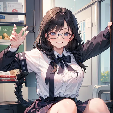 school girl,braid,glasses,((semi-opened-eyes)),kinky grin,