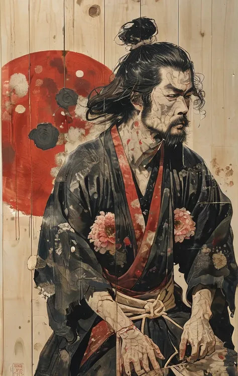 japanese line art    , a samurai( tied up  to a wooden steak with several arrows stuck in him,:1.2) lower body missing visible skeletal structure , ripped rags, rope and bloody ground, black skies and large moon , floral damask background ,  in the style o...