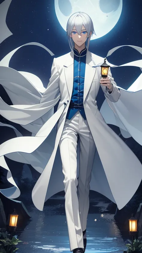 1 tall young man, silver hair, blue eyes, white skin, smile, long hair, floating in the air, short jacket, long trousers, holding a lantern, Chinese lantern, night, moon, blue lights, blue lantern, demonic lantern