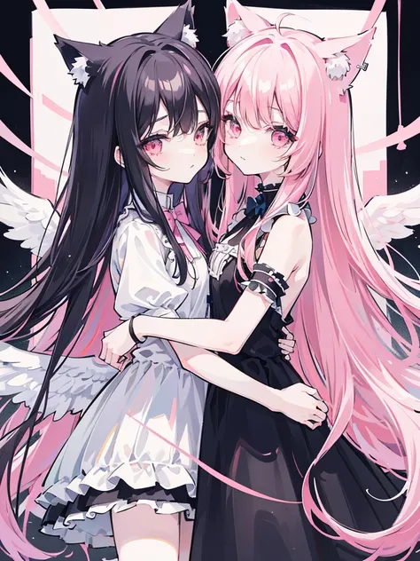 anime style,2people looks like 2girls,
1of2=cute shota with cat ears angel, long pink hair, angel ring, angel wings, white frilly dress,
 /// 
2of2=cute shota with wolf ears fenrir, looks like a girl, long black hair, wolf tail, black frilly dress, gothic ...