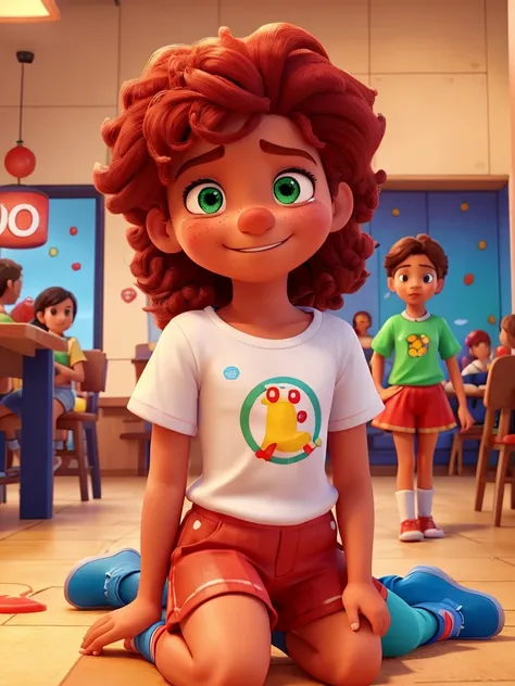 create a hyper-realistic style poster, 8K Ultra HD, Pixar, Disney style, Cinema 4D, the characters are 3 children and 1 clown, they are inside a Mcdonald store.
The first child is a 12-year-old white boy, green eyes, red hair, wearing a stained white t-shi...