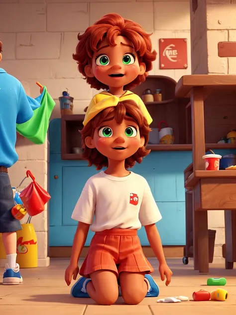 create a hyper-realistic style poster, 8K Ultra HD, Pixar, Disney style, Cinema 4D, the characters are 3 children and 1 clown, they are inside a Mcdonald store.
The first child is a 12-year-old white boy, green eyes, red hair, wearing a stained white t-shi...