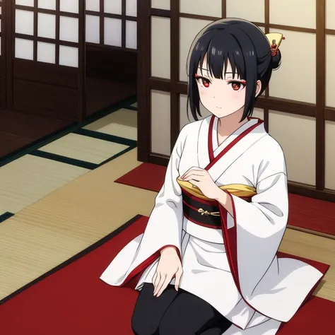 Geisha, white make up, kimono, red eyeshadow, black hair, black eyes, sit on tatami