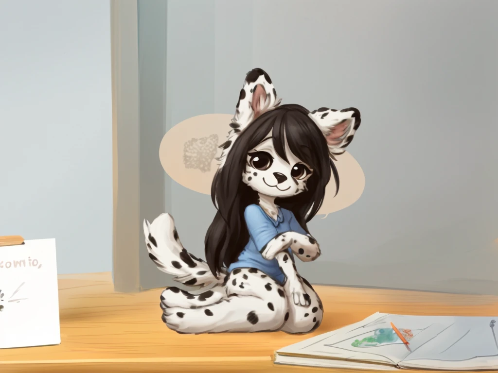 a anthropomorphic, black spots and white fur female dog, she has medium-long dark hair, she's dressed with a blue colored shirt,...