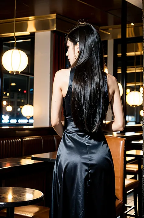 1girl,standing we can see her just from the back ,we can see hai pretty long hair,in a night mood restaurant 