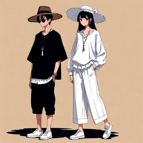 candid fashion illustration of young Asian man and woman, both aged 20 year old, ((showcase fashion in a White cotton-rayon outfits)), inspired by JACQUARD s resort collection in elegant bohemian style. The man wears an oversized short-sleeved white shirt,...