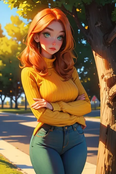 Perfect face, Perfect hands. An orange haired woman with green eyes and an hourglass figure in a yellow sweater and jeans is leaning against a tree with a blush and a shy smime