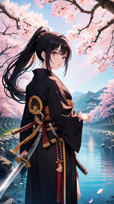 anime,３５Year-old beauty、 alone, Long Hair, Black Hair, ponytail、Dark brown eyes, model, beautiful, Ｄcup,  Fantasy, cherry blossoms、White kimono、(Japanese sword:1.4), Riverside、beautiful風景