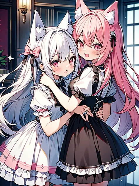 anime style,2people looks like 2girls,
1of2=cute shota with cat ears angel, long pink hair, angel ring, angel wings, white frilly dress,
 /// 
2of2=cute shota with wolf ears fenrir, looks like a girl, long black hair, wolf tail, black frilly dress, gothic ...