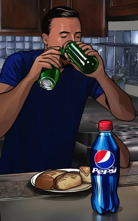 A man is drinking a bottle of Pepsi, The background is the kitchen。