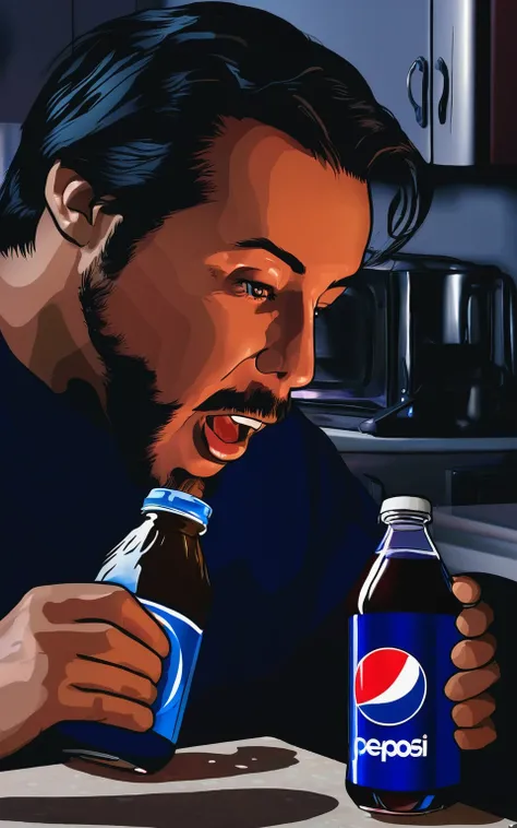 A man is drinking a bottle of Pepsi, The background is the kitchen。