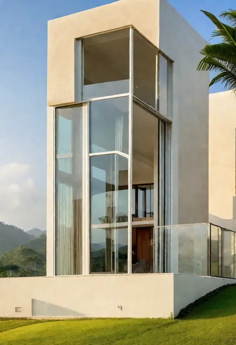 in the morning, sunrise, contemporary house exterior, beige and white mix together, glass door and window, large span balcony, on grassland, hillside, tropical landscape, masterpiece, high quality, ultra hd,