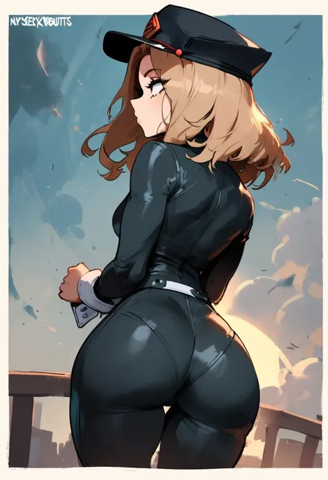 1girl, utsushimi kemii, boku no hero academia  masterpiece, best quality, very aesthetic, absurdres, newest  slim body,///// by dodok,by nyantcha,cutesexyrobutts , by khyle,,//////light brown hair  , cap,  black catsuit . She wears white cuffs around her w...