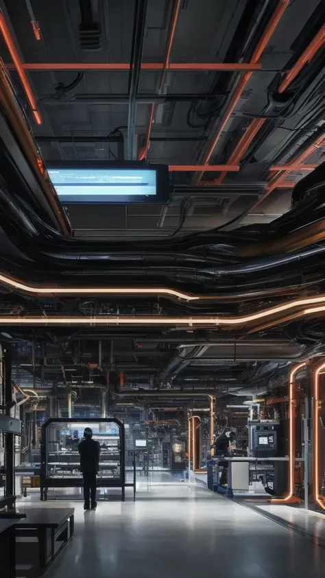 Draw a dark, futuristic laboratory。At the center of the scene is the、The facility features human-like machines with large expressive faces that combine human and machine elements.。Draw a complex of wiring and mechanical components connected to the machine&...