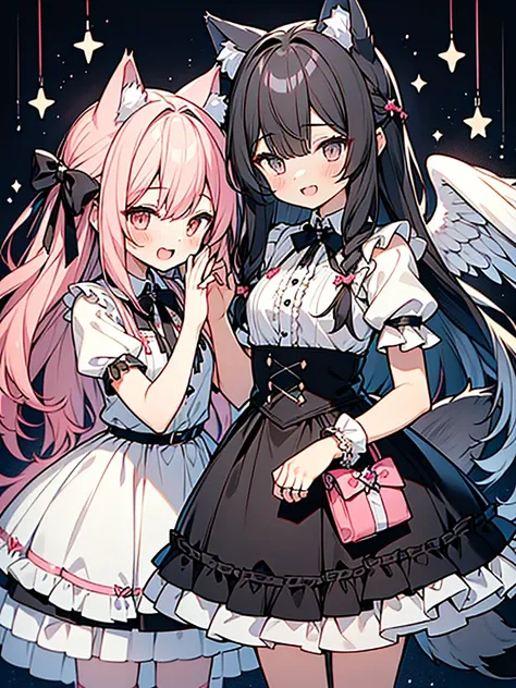 Bishojo anime style, two people, chatting, having fun, laughing, cute, waving and thanking each other for the end of the broadcast,
(1st person is a cute shota with cat ears angel, long pink hair, angel ring, angel wings, white frilly dress) / (2nd person ...