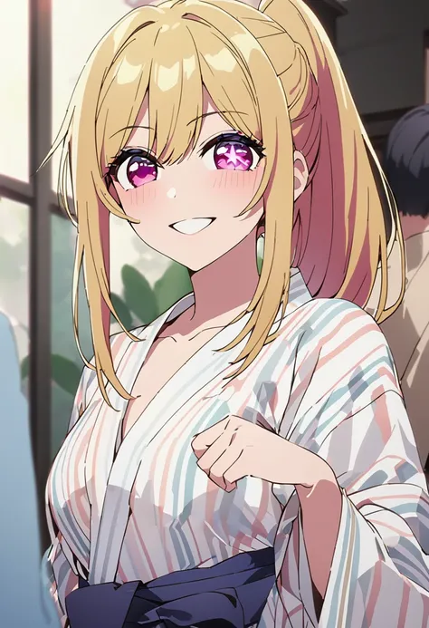 Blonde、Yukata with open front、shoulder、Highest quality、high resolution、8K,Highest quality、Star-shaped pupil、The best smile、long hair、Pink Eyes、ponytail、Cowboy Shot、One person