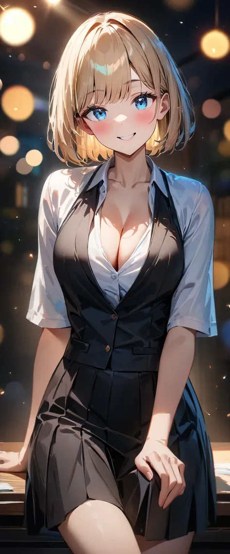 (((One girl))), blond hair, bob cut, (cowboy shot), (looking at viewer), face in focus, breasts, teenager, head tilt:1.3, (((blue eye))), ((happy smile)), ((blush)), contrapposto, school summer uniform, white shirts, skirt, black waistcoat, ((cleavage)), a...