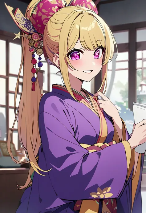 Blonde、kimono、Oiran、Highest quality、high resolution、8K,Highest quality、Star-shaped pupil、The best smile、long hair、Pink Eyes、ponytail、Cowboy Shot、One person