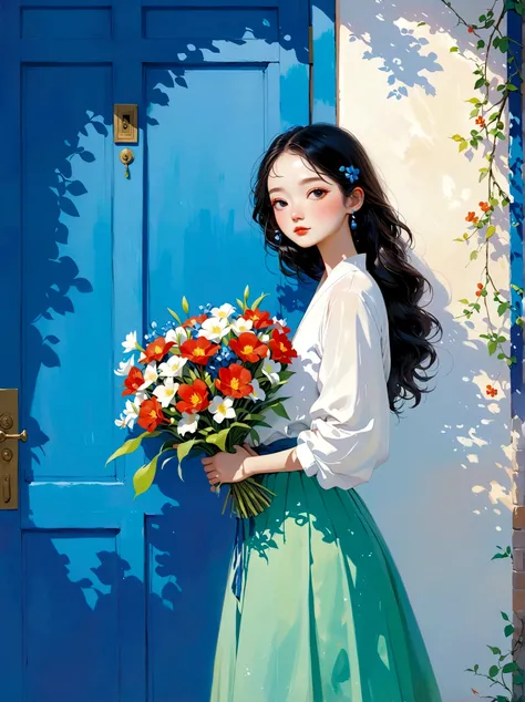 A woman holding a bouquet of flowers，Standing in front of a blue door, By Artie Guerin, With Artest Guerin (atey ghailan) style, Artie Guerin 8K, inspired By Artie Guerin, by Zou Zhe, by Yanjun Cheng, guweiz masterpiece, 古魏兹style的艺术品, author：Li Song