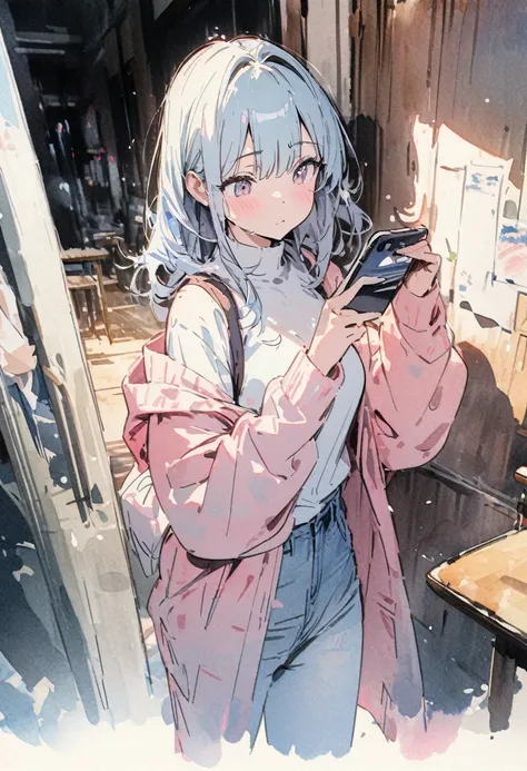 masterpiece,highest quality,ultra-detailed,high-definition background,8K,hi-res,high quality,BREAK,japanese manga style, sketch, Watercolor Colors,[Girl using a smartphone]