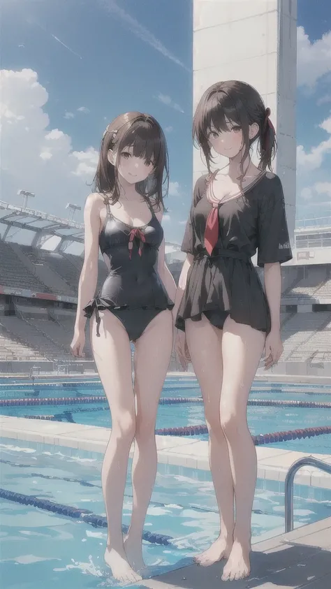 ((masterpiece,Highest quality)),Two Girls, Swimsuit, High leg,, Black Hair, Poolside, Day, Swimming Stadium, ,Tie-up hair, View your viewers, Recall, Multiple Girls, heart, Outdoor, Brown Hair, ribbon, barefoot,  stage, Are standing, Soaking wet, glamorous...