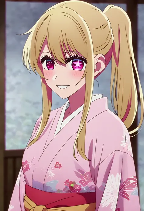 Blonde、Yukata with open front、Highest quality、high resolution、8K,Highest quality、Star-shaped pupil、The best smile、long hair、Pink Eyes、ponytail、Cowboy Shot、One person