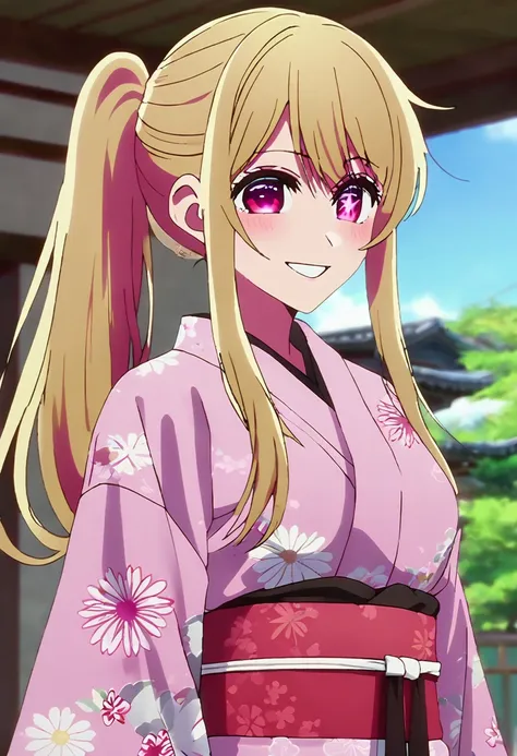 blonde、yukata with open front、highest quality、high resolution、8k,highest quality、star-shaped pupil、the best smile、long hair、pink...