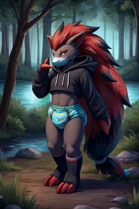 a zoroark femboy wearing a hoodie and a pee camouflage diaper and socks on his feet and with gloves and a face mask on while bei...