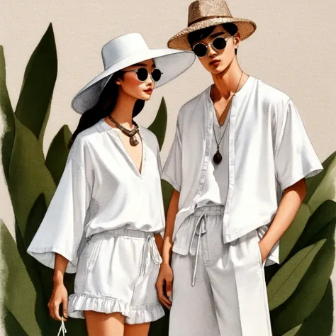 candid fashion illustration of young Asian man and woman, both aged 20 year old, ((showcase fashion in a White cotton-rayon outfits)), inspired by JACQUARD s resort collection in elegant bohemian style. The man wears an oversized short-sleeved white shirt,...