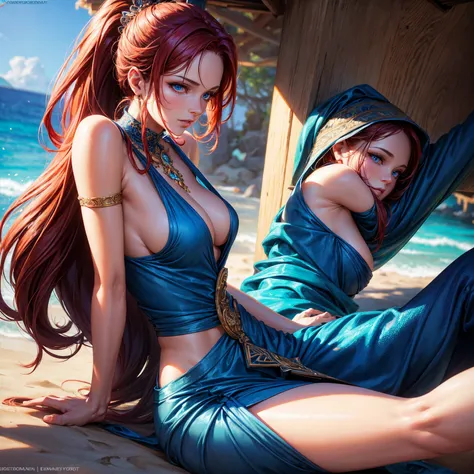 mature woman in his fifties, 1girl, redhead ponytail hair, breasts, blue eyes, happy face, sexy blue tunic, sitting on the sand, beach, incredibly sexy body, detailed face, beautiful detailed eyes, beautiful detailed lips, extremely detailed eyes and face,...