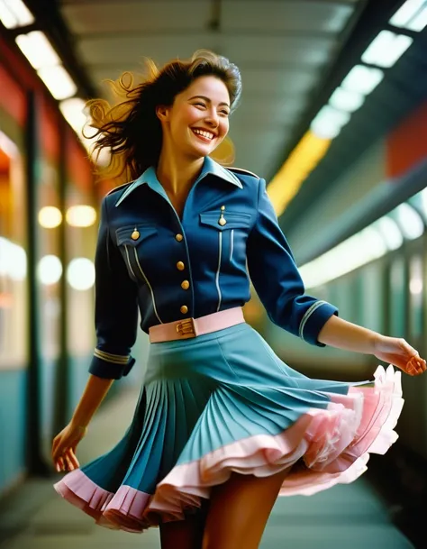 A smiling, authentic, (shy:1,3), kind, beautiful woman, is passionately in love with her skirt, wind wildly lifts her skirt, wearing uniform jacket and very, very detailed (long (fully pleated) full circle skirt) and (low heeled court shoes), very, very in...