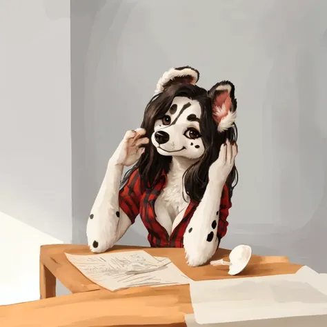 a cute and black spots and white fur female dog, shes dressed with a red colored shirt, closed smile, high quality furry art.