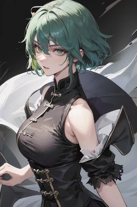 Masterpiece, Best quality, 1 Female, Mature Woman, Elder Sister, Royal Sister, Cold Face, strong, green eyes, wolfcut short hair, smoky color hair, resolute eyes, simple black Taoist Taoist uniform, black accessories, sarashi, one shoulderancient, Chinese ...