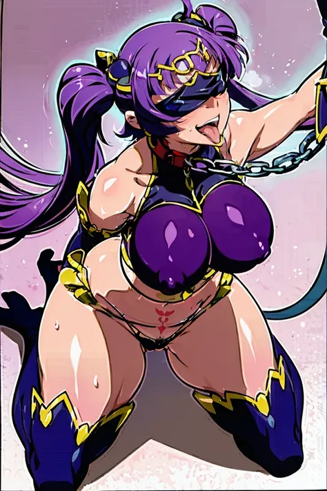 1girl, solo, huge breasts, cleavage, Chubby, (((((blindfold))))), (((chain leash, animal collar, animal collar connected chain leash))), (((hands on the ground, on all fours, dog walking))), masterpiece, best quality, ultra detailed, super fine illustratio...