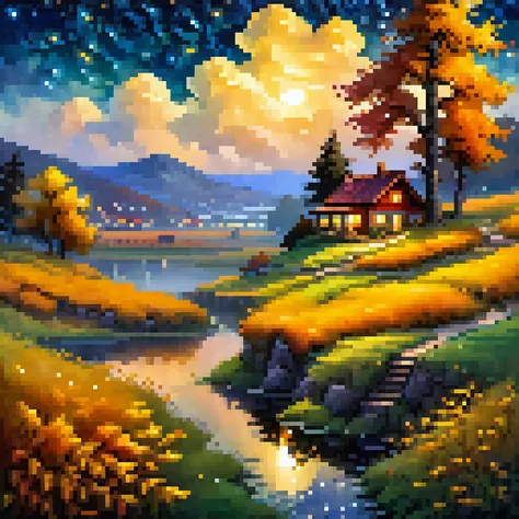 (highly detailed), ((masterpiece)),(impasto), intricate, digital painting,shadow ,landscapes ,(autumn:1.2), fantasy,(firefly) ,d...