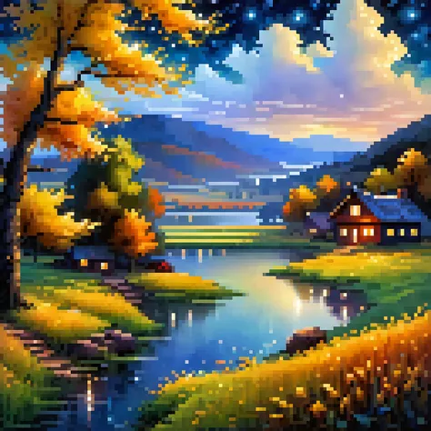 (highly detailed), ((masterpiece)),(impasto), intricate, digital painting,shadow ,landscapes ,(autumn:1.2), fantasy,(firefly) ,d...