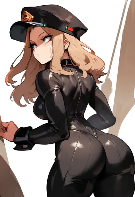 1girl, utsushimi kemii, boku no hero academia  masterpiece, best quality, very aesthetic, absurdres, newest  slim body,///// by dodok,by nyantcha,cutesexyrobutts , by khyle,,//////light brown hair  , cap,  black catsuit . She wears white cuffs around her w...