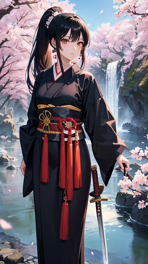 anime,３５Year-old beauty、 alone, Long Hair, Black Hair, ponytail、Dark brown eyes, model,  (Perfect Anatomy, Anatomically correct, Highly detailed skin), Ｄcup,  Fantasy, cherry blossoms、White kimono、(Japanese sword:1.4), Riverside、Beautiful Landscape