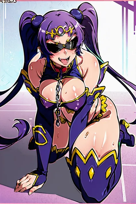 1girl, solo, huge breasts, cleavage, Chubby, (((blindfold))), (((chain leash, animal collar, animal collar connected chain leash))), (((hands on the ground, on all fours, dog walking))), masterpiece, best quality, ultra detailed, super fine illustration, p...