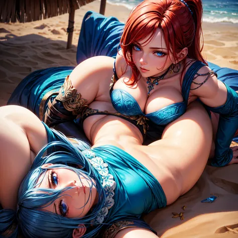 mature woman in his fifties, 1girl, redhead ponytail hair, breasts, blue eyes, happy face, sexy blue tunic, lie on the sand, beach, incredibly sexy body, detailed face, beautiful detailed eyes, beautiful detailed lips, extremely detailed eyes and face, lon...