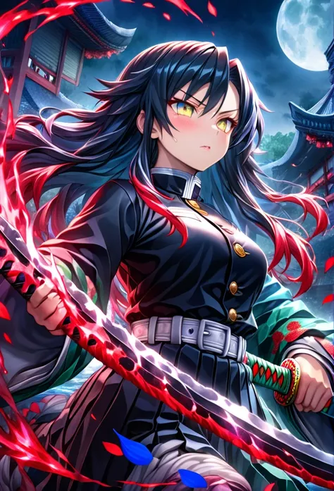 Ultra detailed, highres, absurdres, HDR, master piece, anime, pretty woman with white long hair with red streaks, woman with yellow eyes, black demon slayer uniform, Kimetsu No Yaiba, fantasy, red and blue petals, blood power, Tomioka Giyu, Water Hashira p...