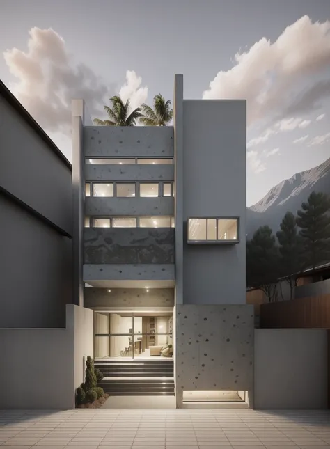 architectural concrete_finish, modern house, fair-face concrete, concrete, street view, in the mountains (masterpiece)