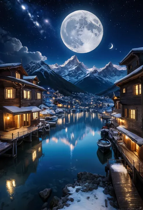 Night view，Wide sea，The city lights are bright in the distance，Reflection，moon，Snow-capped mountains in the distance，galaxy，Star，Sea of Clouds, Beautiful scenery,Ultra-high quality，masterpiece