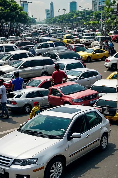 Ultra realistic thai people at Bangkok traffic jam centre of city