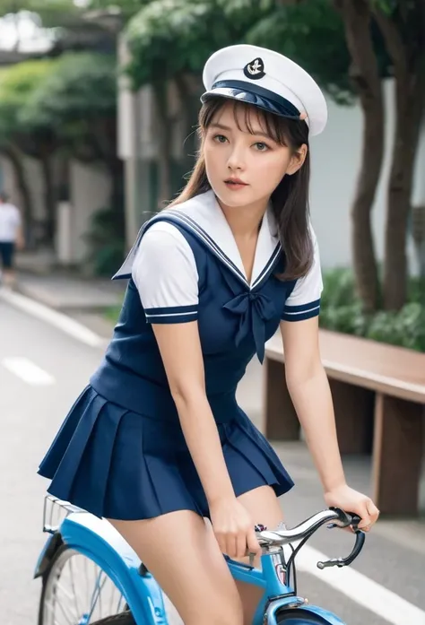 Girl riding a bicycle showing her panties。Mini skirt sailor suit