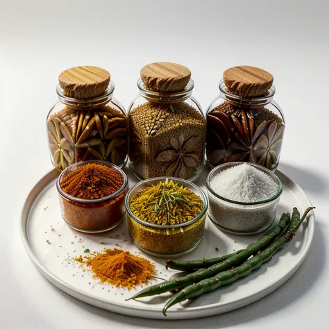 (masterpiece)), ((best quality:1.2)), ((watercolor)), ((vibrant color))), ((minimalist)), surrounded with ((negative space)), ((solid white background)), a wooden tray full of a lot of spices in many different type of container and small jar, cooking spice...