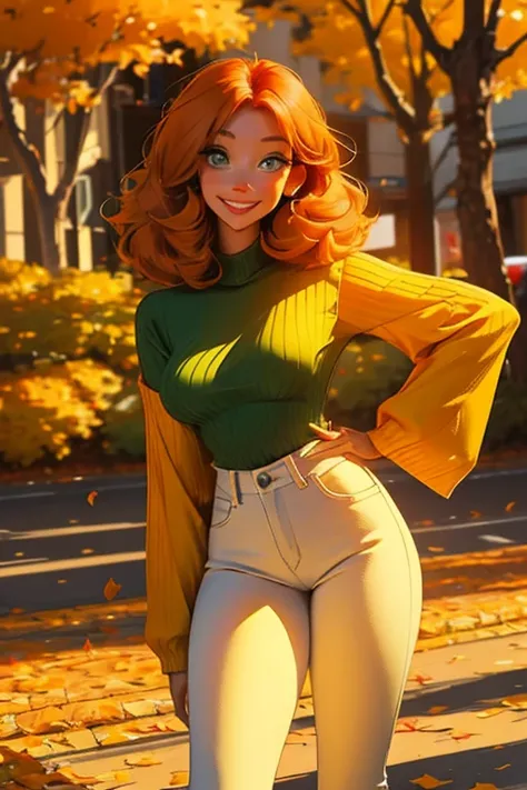 Perfect face, Perfect hands. An orange haired woman with green eyes and an hourglass figure in a yellow sweater and jeans is spinning in a flurry of autumn leaves with a big smile