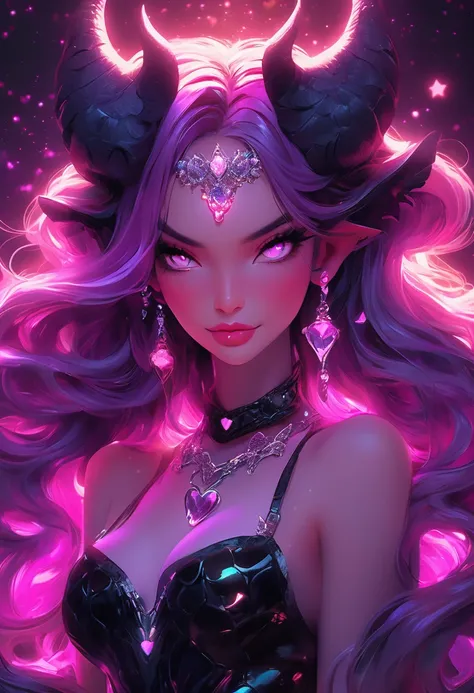 This artwork portrays a strikingly vibrant and ethereal character, blending elements of fantasy and cyberpunk aesthetics. The character is a female succubus, depicted with a mix of celestial and gothic features.
Character Details:
Appearance:The succubus h...