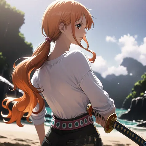 masterpiece, best quality), intricate details, 1 girl, woman, orange hair, nami  (one piece), (long hair), shirt, white shirt, female focus, clothes, wearing swimsuit, nature, scenery, upper body, ((front view)) ((close up shot)) ((solo)) ((hair over one e...